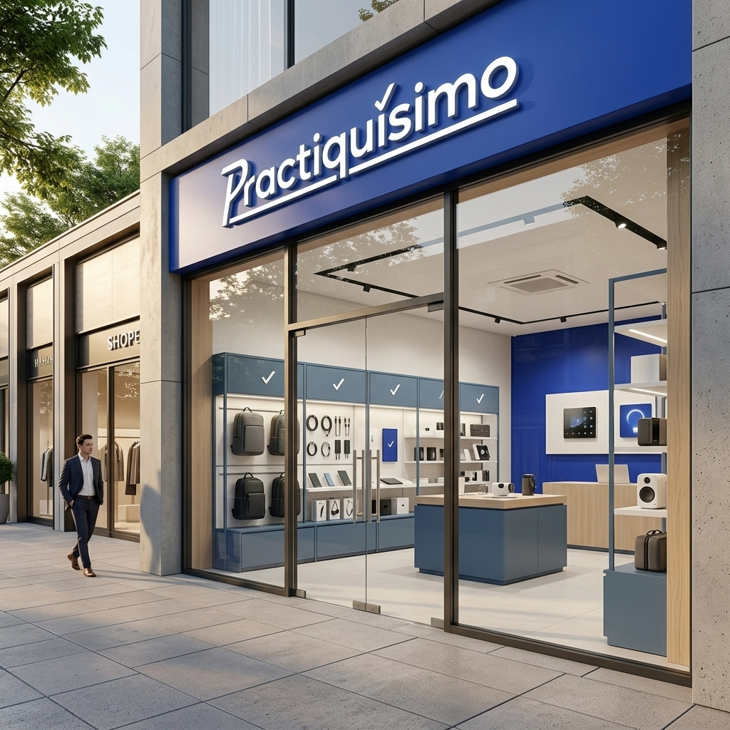 Fachada de tienda Practiquísimo con productos tech y urbanos en exhibición
