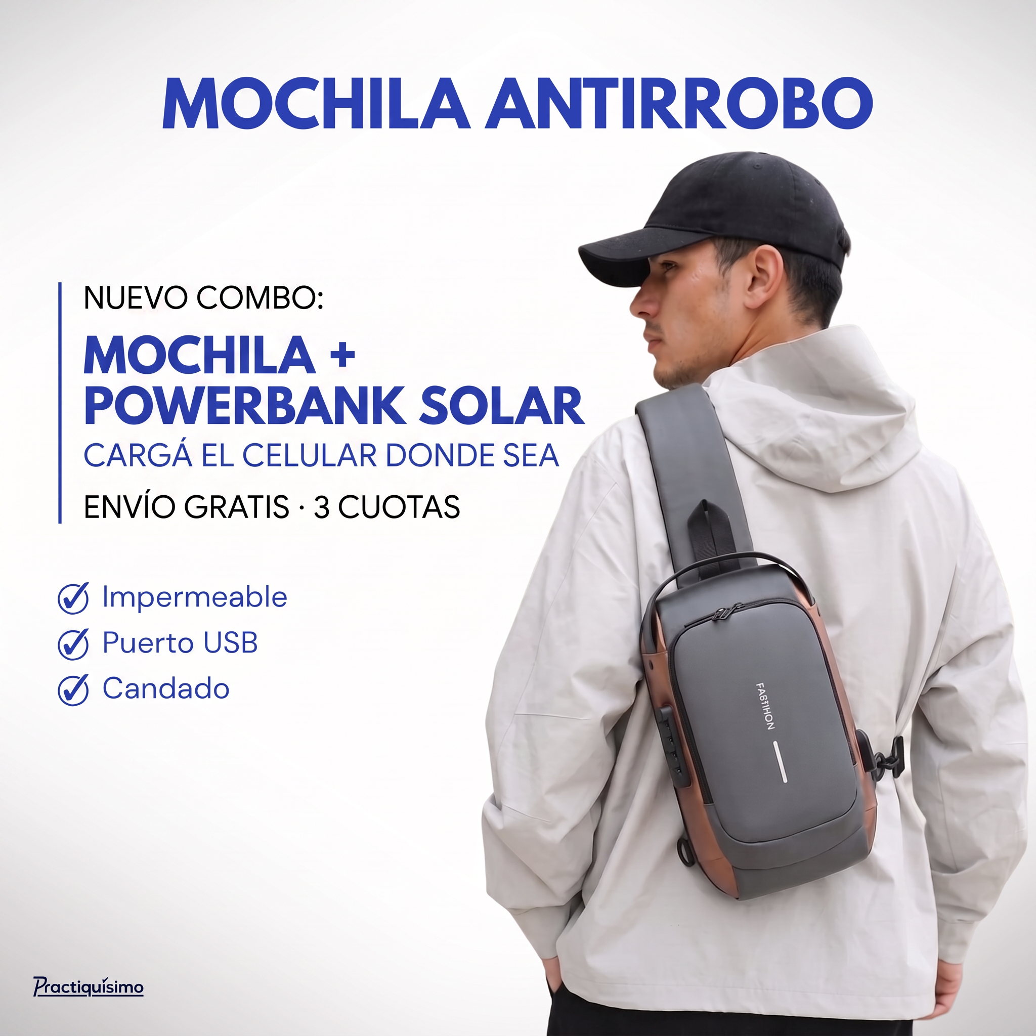 Mochila inteligente antirrobo - Nuevo combo: Mochila + Powerbank Solar, cargá el celu donde sea, con envío gratis y 3 cuotas