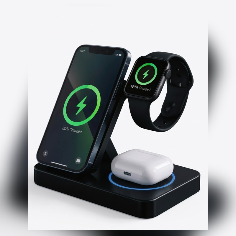 Base de carga 3 en 1 magnética negra con celular, reloj y auriculares