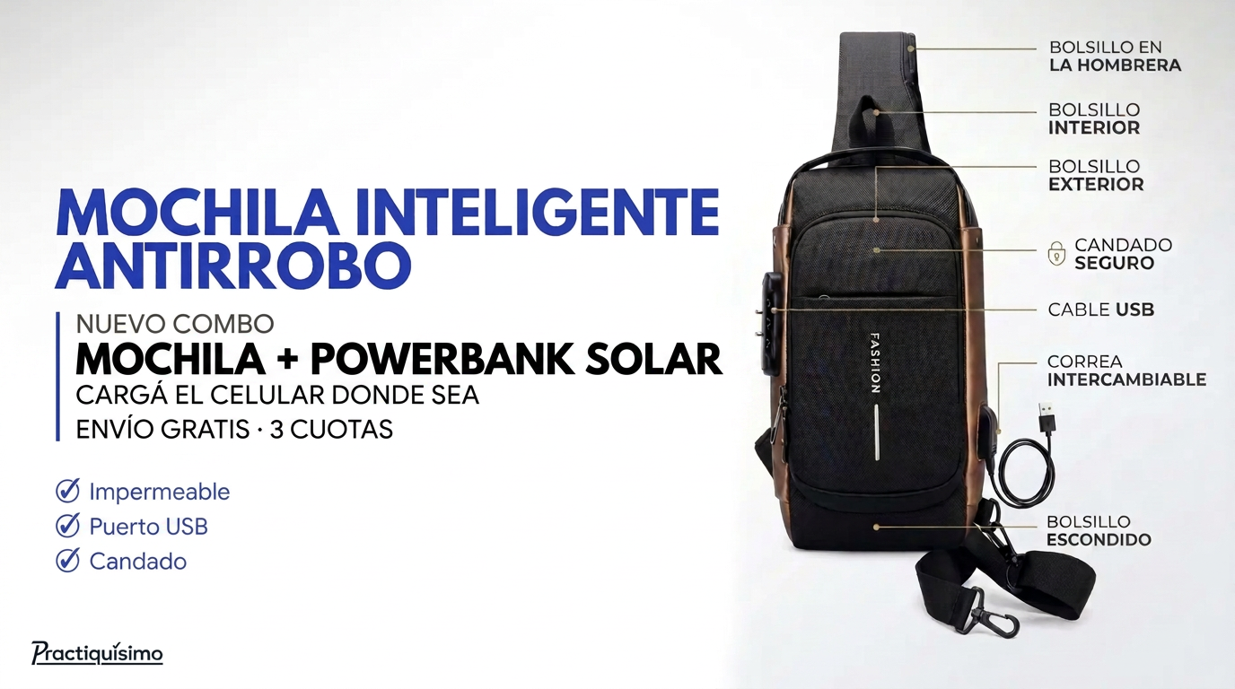 Mochila inteligente antirrobo - Nuevo combo: Mochila + Powerbank Solar, cargá el celu donde sea, con envío gratis y 3 cuotas