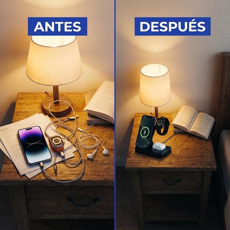 Antes y después de ordenar la mesa de luz con la base de carga 3 en 1