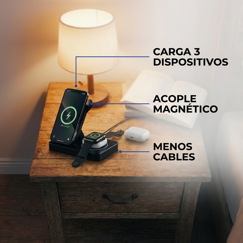 Características de la base: carga tres dispositivos, acople magnético y menos cables