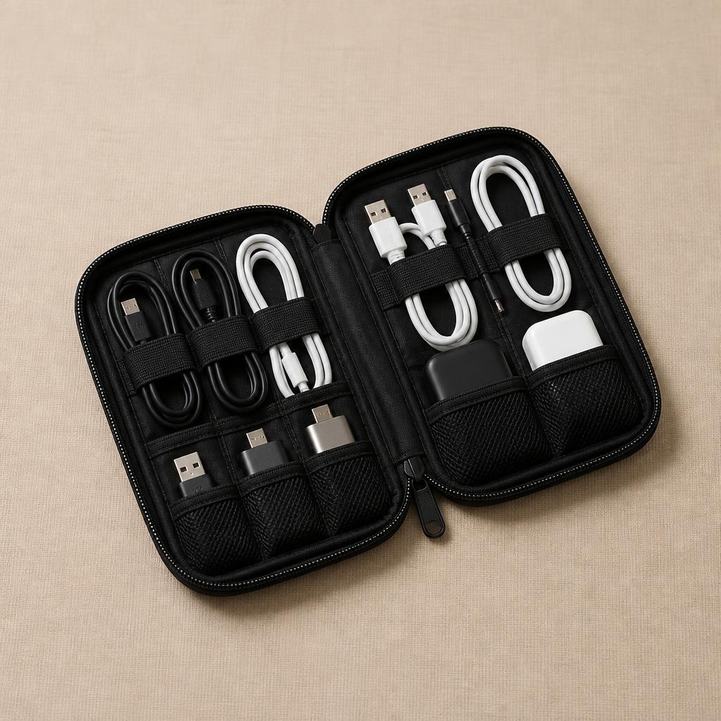 Organizador de cables abierto con cargadores