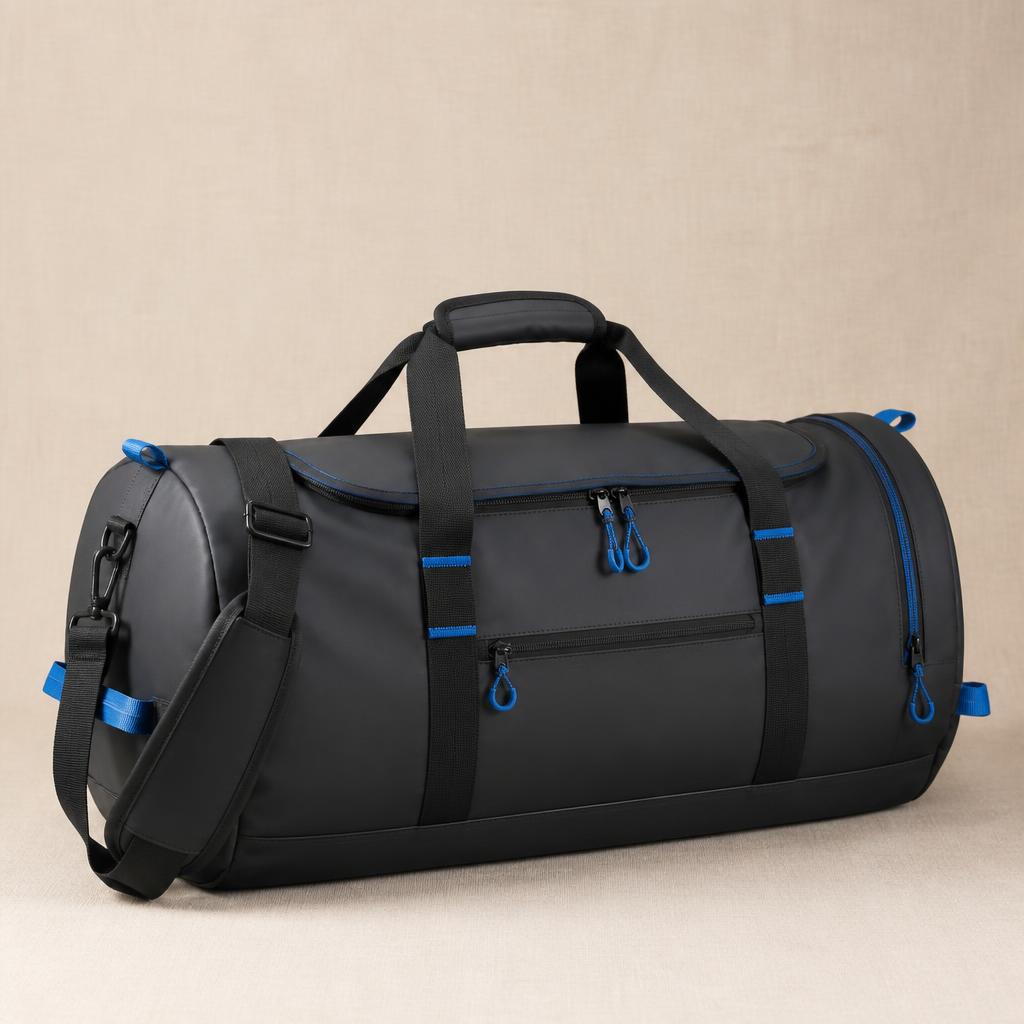 Bolso de viaje impermeable negro con detalles azules
