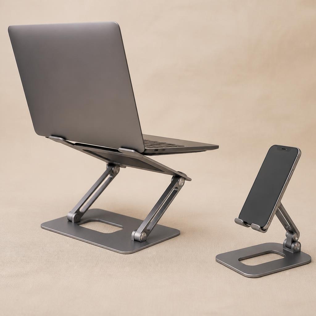 Soporte plegable de aluminio con notebook y celular